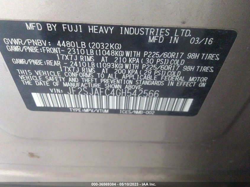 2016 SUBARU FORESTER 2.5I PREMIUM - JF2SJAFC4GH542566