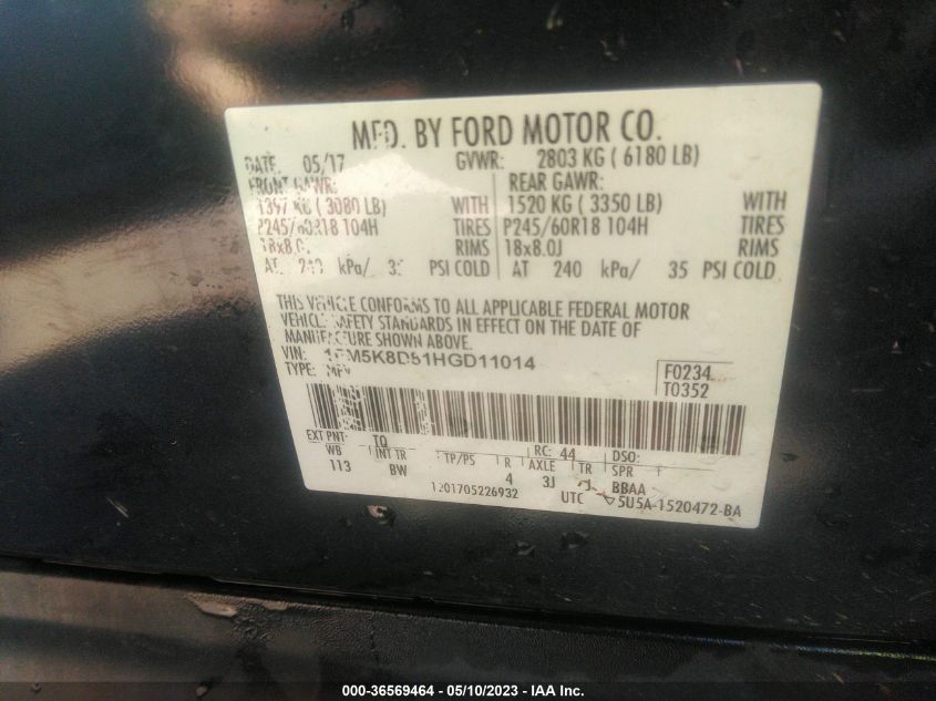 2017 FORD EXPLORER XLT - 1FM5K8D81HGD11014