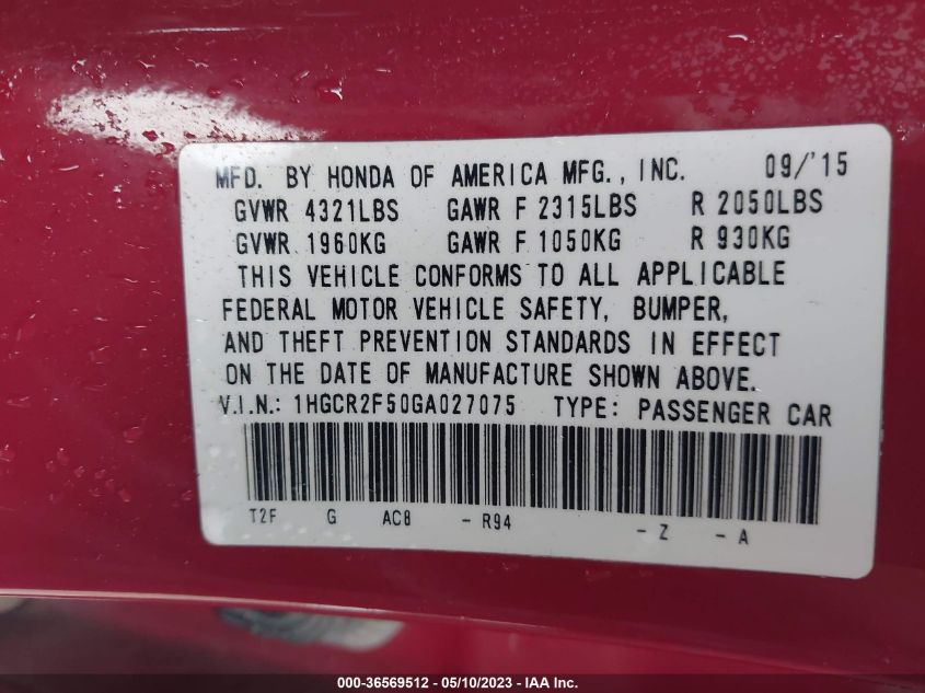 2016 HONDA ACCORD SEDAN SPORT - 1HGCR2F50GA027075