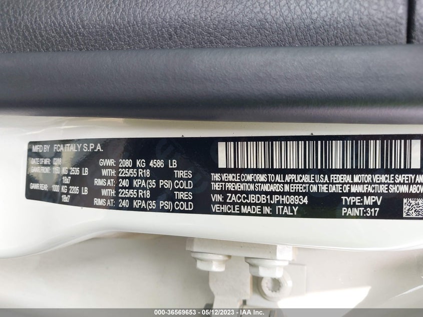 VIN ZACCJBDB1JPH08934 2018 JEEP RENEGADE LIMITED
