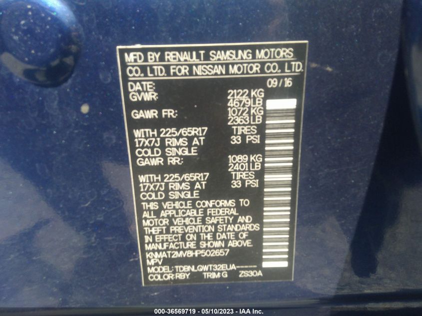 2017 NISSAN ROGUE SV - KNMAT2MV8HP502657