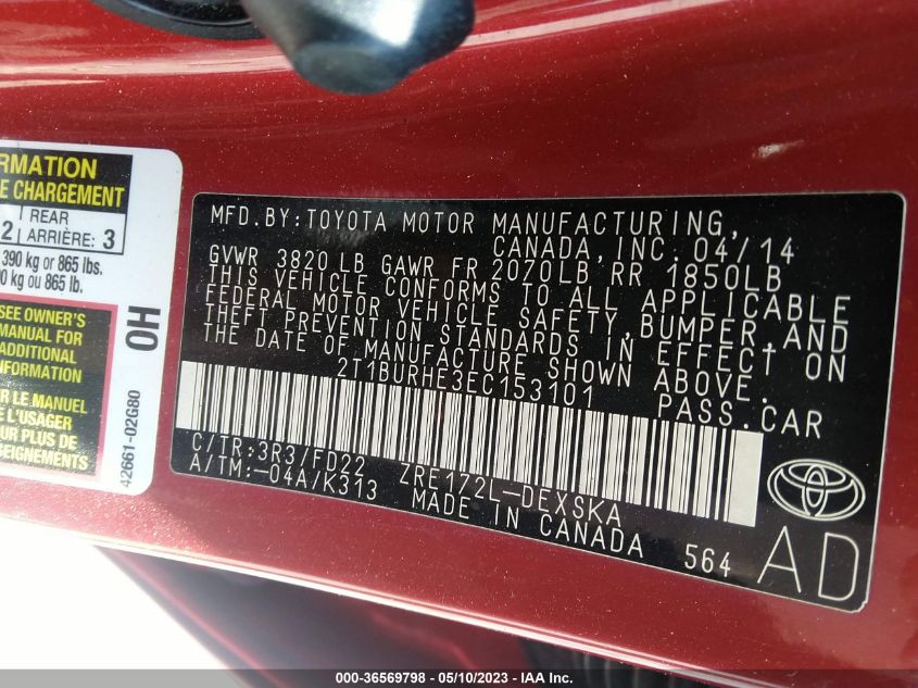 2014 TOYOTA COROLLA L/LE/S/S PLUS/LE PLUS - 2T1BURHE3EC153101