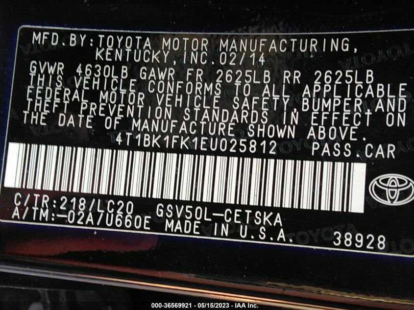 2014 TOYOTA CAMRY SE/XLE - 4T1BK1FK1EU025812