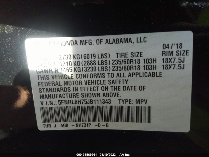 2018 HONDA ODYSSEY EX-L - 5FNRL6H75JB111343