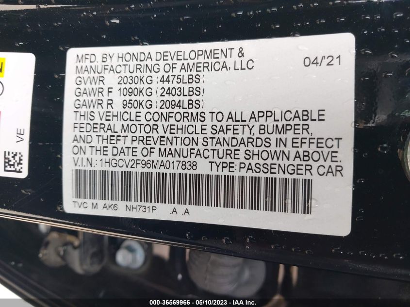 2021 HONDA ACCORD SEDAN TOURING - 1HGCV2F96MA017838