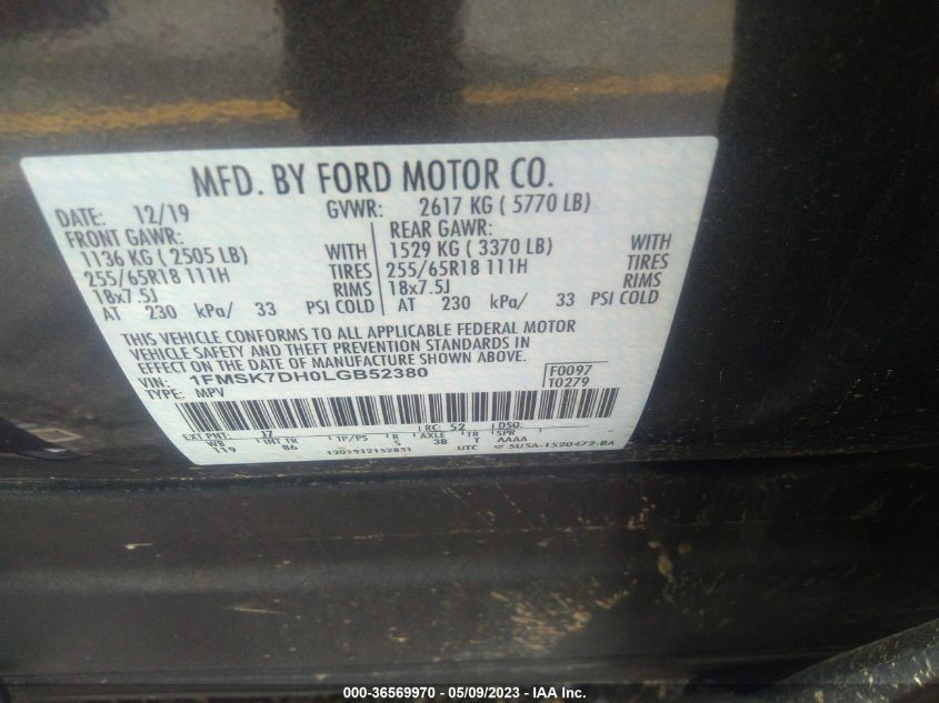 2020 FORD EXPLORER XLT - 1FMSK7DH0LGB52380