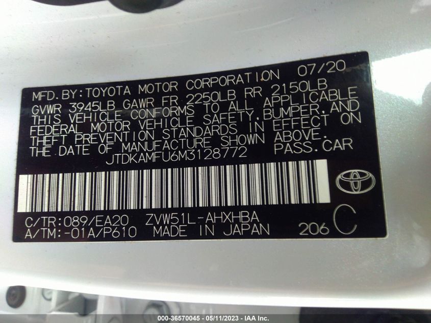 2021 TOYOTA PRIUS L - JTDKAMFU6M3128772