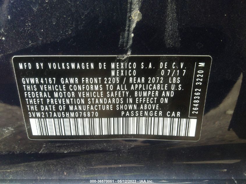2017 VOLKSWAGEN GOLF S - 3VW217AU5HM076870