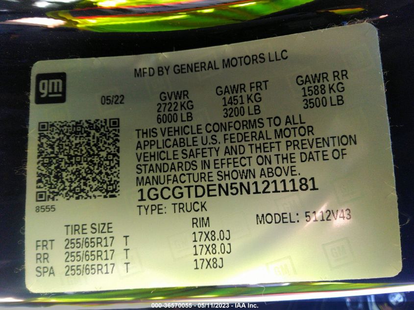 2022 CHEVROLET COLORADO 4WD Z71 - 1GCGTDEN5N1211181