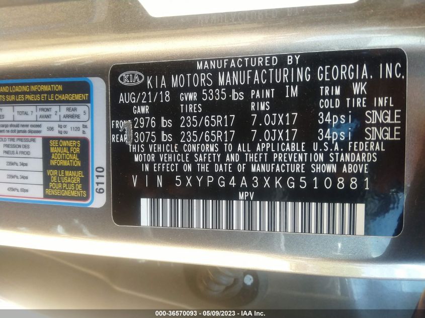 2019 KIA SORENTO LX - 5XYPG4A3XKG510881