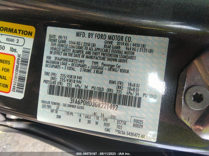 2016 FORD FUSION SE - 3FA6P0HD3GR221492