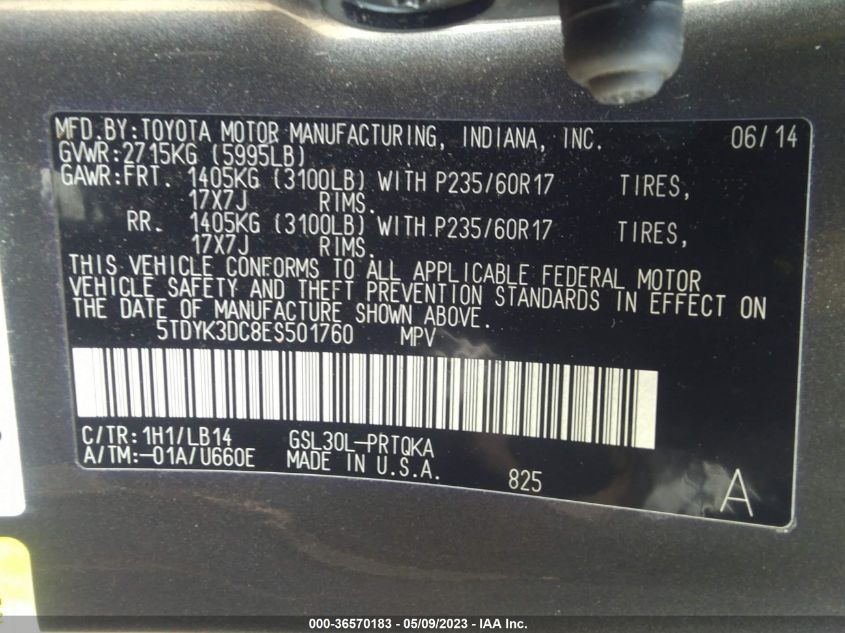2014 TOYOTA SIENNA XLE/XLE AAS/LTD - 5TDYK3DC8ES501760