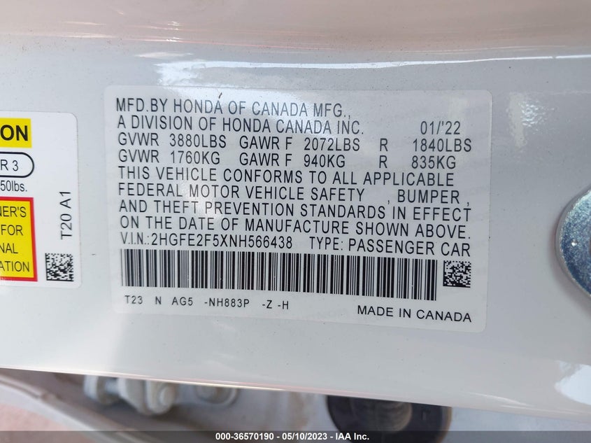 VIN 2HGFE2F5XNH566438 2022 HONDA CIVIC SEDAN SPORT