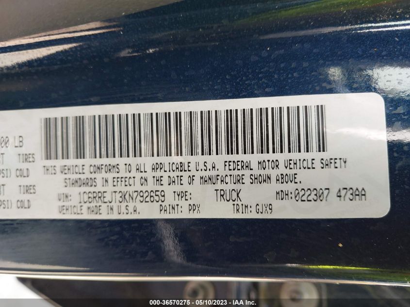 2019 RAM 1500 LARAMIE - 1C6RREJT3KN792659