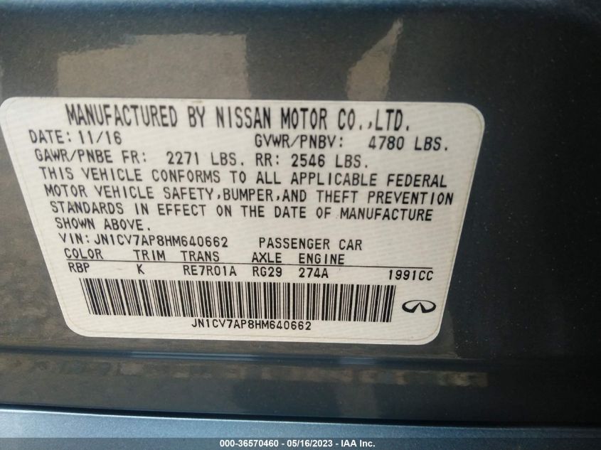 2017 INFINITI Q50 2.0T PREMIUM - JN1CV7AP8HM640662