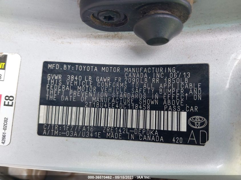 2013 TOYOTA COROLLA L/LE/S - 2T1BU4EE4DC118458