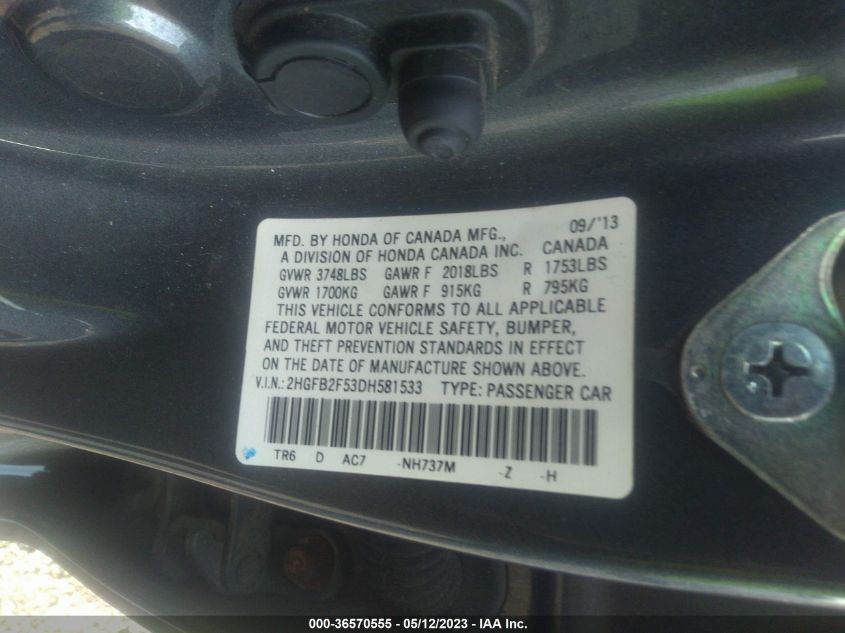 2013 HONDA CIVIC SDN LX - 2HGFB2F53DH581533