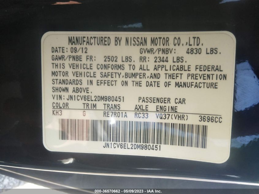 2013 INFINITI G37 COUPE X JN1CV6EL2DM980451