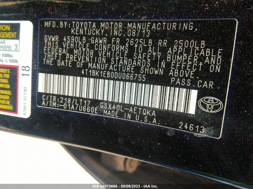 2013 TOYOTA AVALON XLE/LIMITED - 4T1BK1EB0DU066755