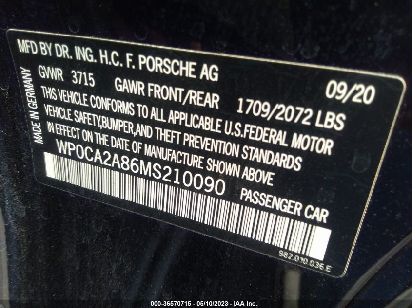 2021 PORSCHE 718 BOXSTER WP0CA2A86MS210090