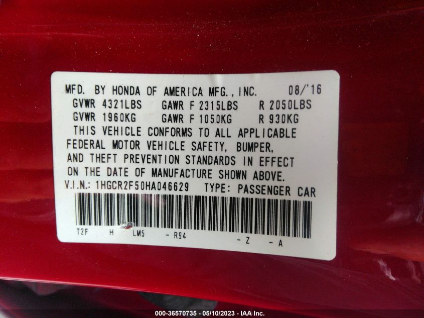 2017 HONDA ACCORD SEDAN SPORT - 1HGCR2F50HA046629