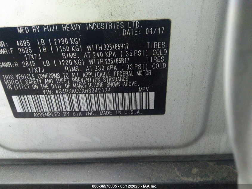 2017 SUBARU OUTBACK PREMIUM - 4S4BSACCXH3342124
