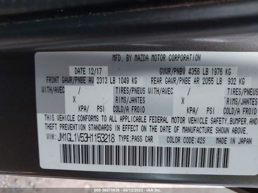 2017 MAZDA MAZDA6 TOURING - JM1GL1V53H1153218