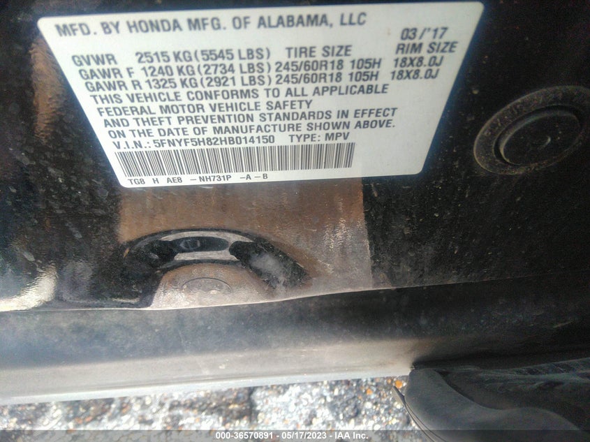 VIN 5FNYF5H82HB014150 2017 HONDA PILOT EX-L