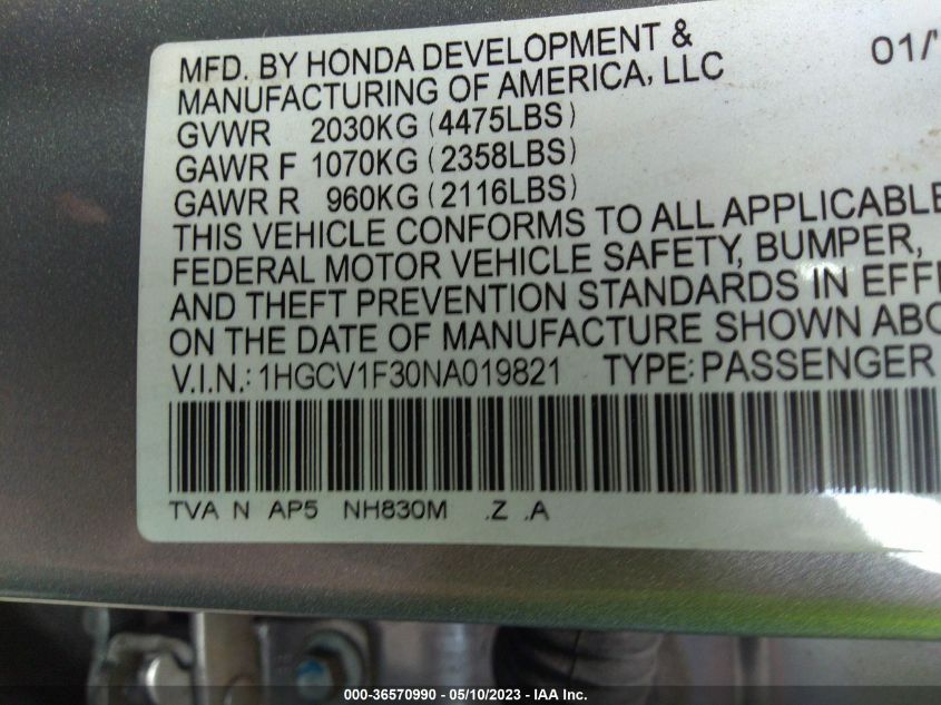 2022 HONDA ACCORD SEDAN SPORT - 1HGCV1F30NA019821