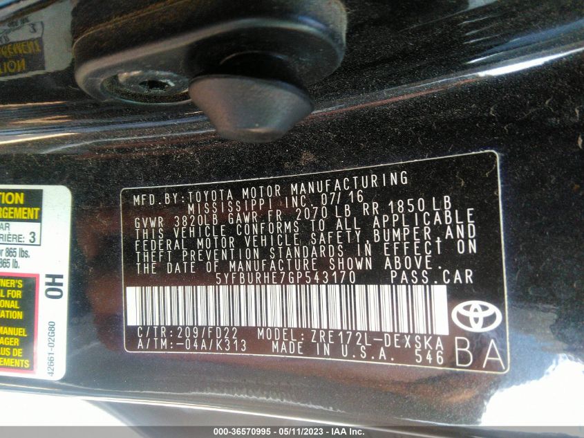 2016 TOYOTA COROLLA L/LE/S/S PLUS/LE PLUS - 5YFBURHE7GP543170