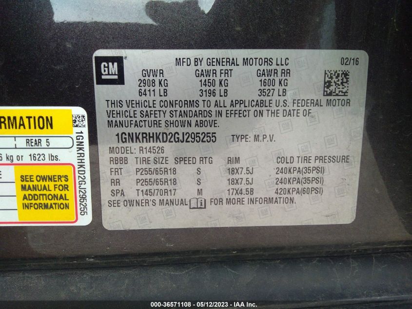 2016 CHEVROLET TRAVERSE LT - 1GNKRHKD2GJ295255