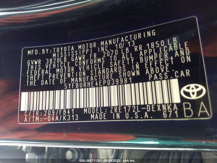 2014 TOYOTA COROLLA L/LE/S/S PLUS/LE PLUS - 5YFBURHE4EP039981