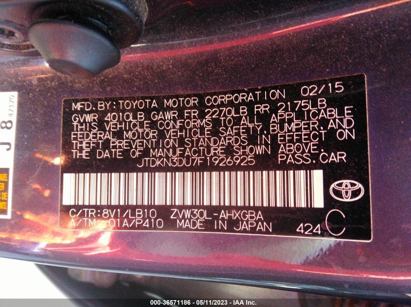 2015 TOYOTA PRIUS FOUR - JTDKN3DU7F1926925
