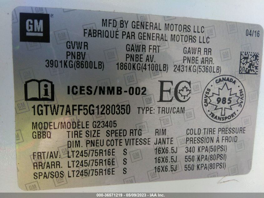 2016 GMC SAVANA CARGO VAN 1GTW7AFF5G1280350