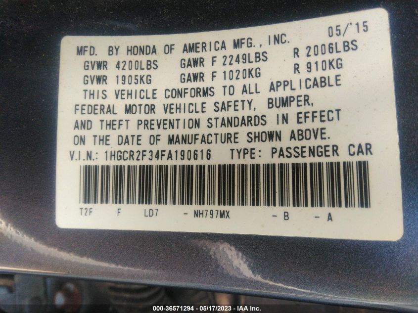 2015 HONDA ACCORD SEDAN LX - 1HGCR2F34FA190616