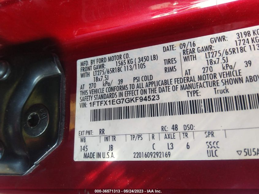 2016 FORD F-150 XLT/XL/LARIAT - 1FTFX1EG7GKF94523