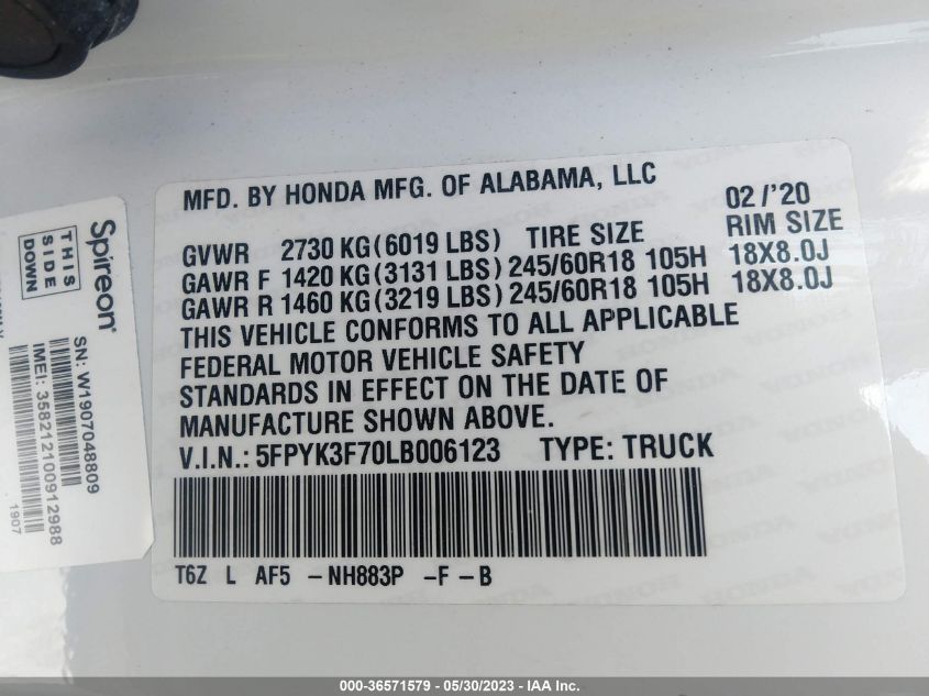 2020 HONDA RIDGELINE RTL-E - 5FPYK3F70LB006123