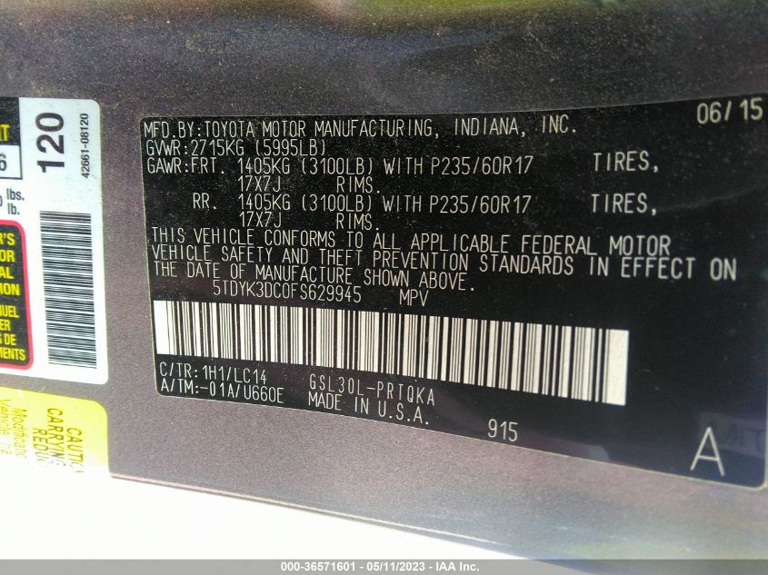 2015 TOYOTA SIENNA XLE/XLE AAS/LTD - 5TDYK3DC0FS629945