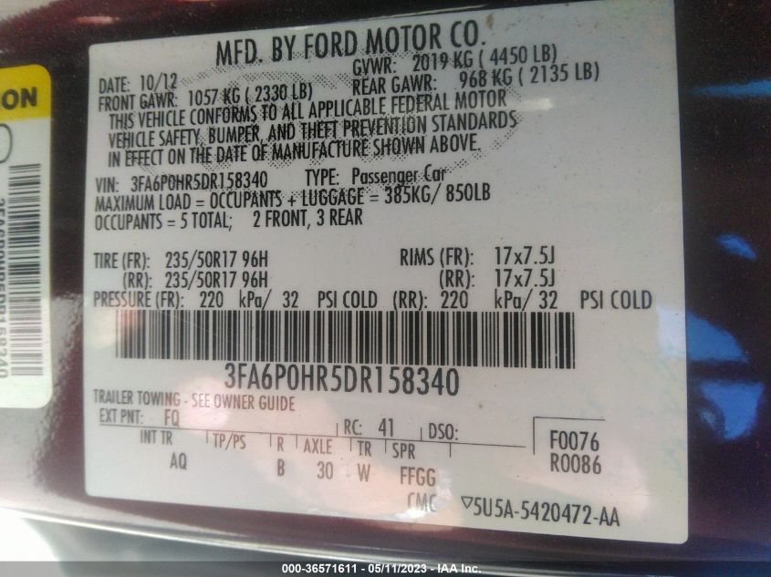 2013 FORD FUSION SE - 3FA6P0HR5DR158340