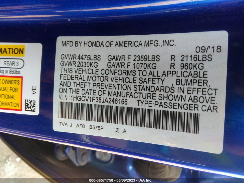 2018 HONDA ACCORD SEDAN SPORT 1.5T - 1HGCV1F38JA246166