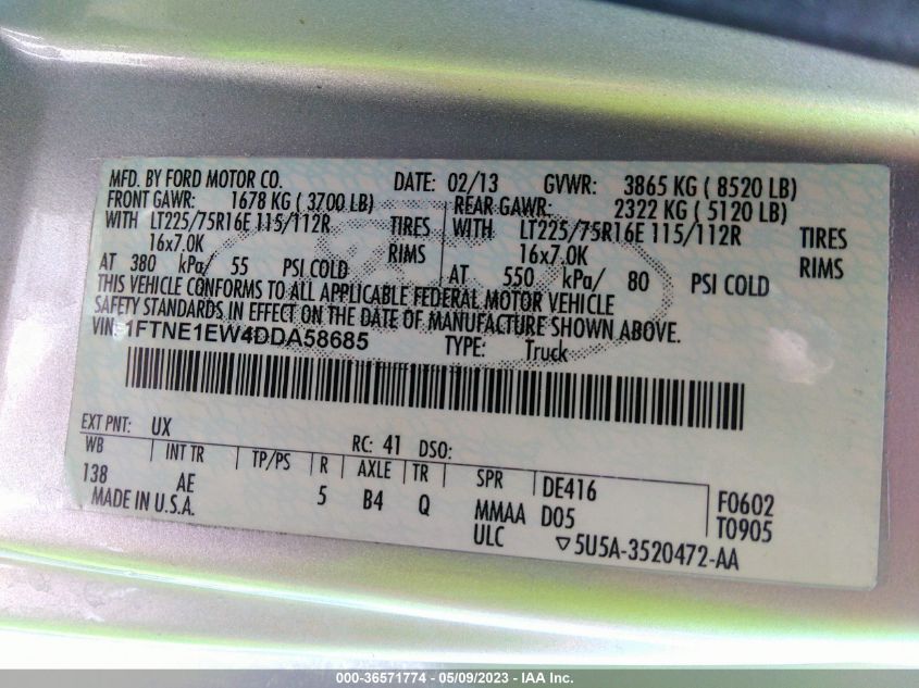 2013 FORD ECONOLINE CARGO VAN COMMERCIAL/RECREATIONAL 1FTNE1EW4DDA58685