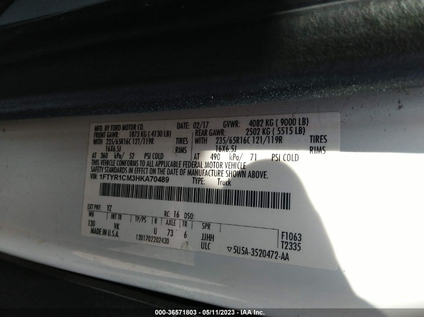 2017 FORD TRANSIT VAN - 1FTYR1CM3HKA70489