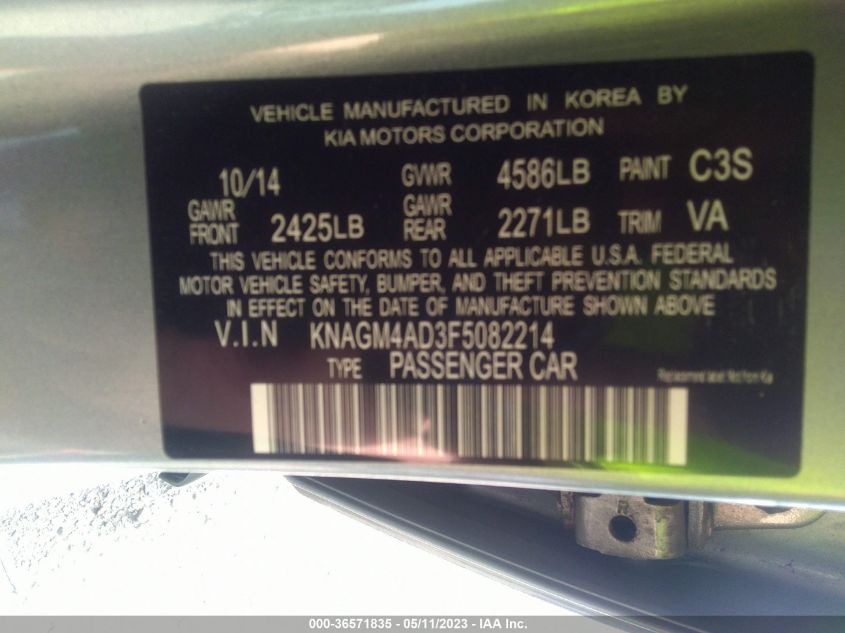 2015 KIA OPTIMA HYBRID - KNAGM4AD3F5082214