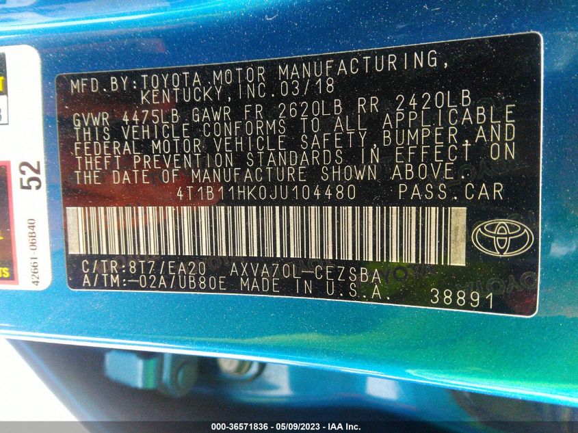 2018 TOYOTA CAMRY SE - 4T1B11HK0JU104480