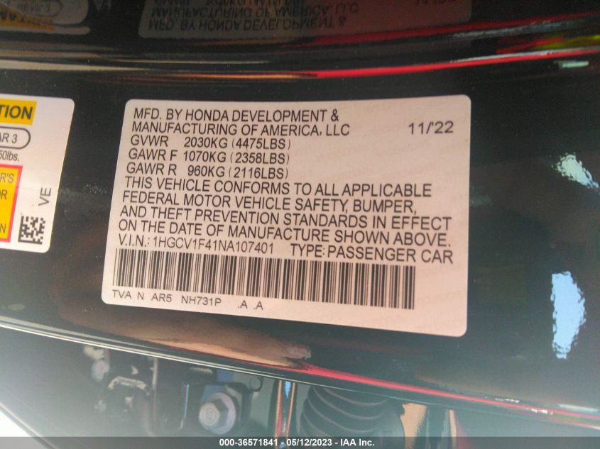2022 HONDA ACCORD SEDAN SPORT SE - 1HGCV1F41NA107401