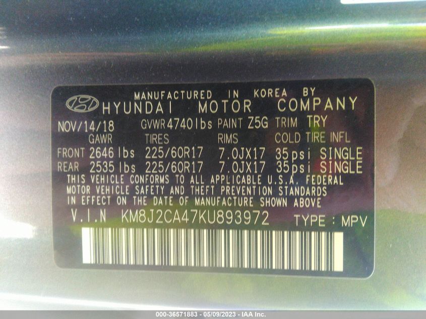 2019 HYUNDAI TUCSON SE - KM8J2CA47KU893972