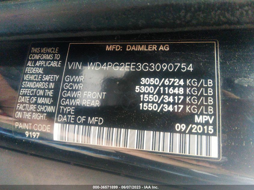 2016 MERCEDES-BENZ METRIS PASSENGER VAN WD4PG2EE3G3090754