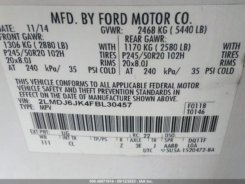 2015 LINCOLN MKX - 2LMDJ6JK4FBL30457
