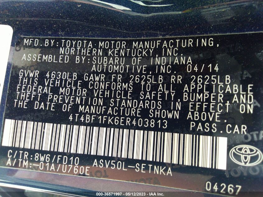 2014 TOYOTA CAMRY L/LE/XLE/SE/SE SPORT - 4T4BF1FK6ER403813