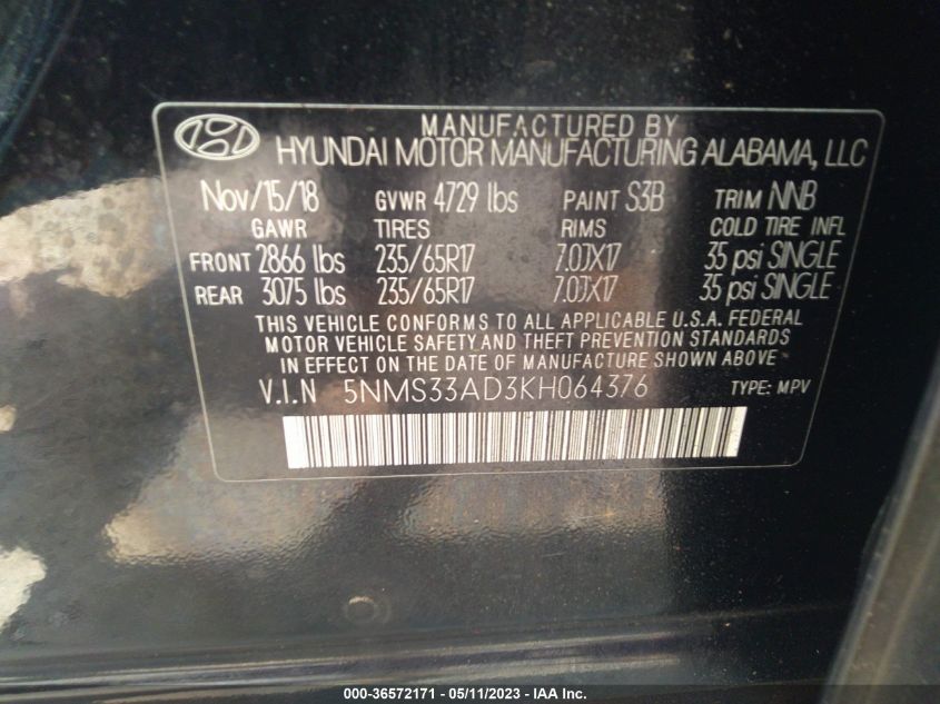 2019 HYUNDAI SANTA FE SEL - 5NMS33AD3KH064376